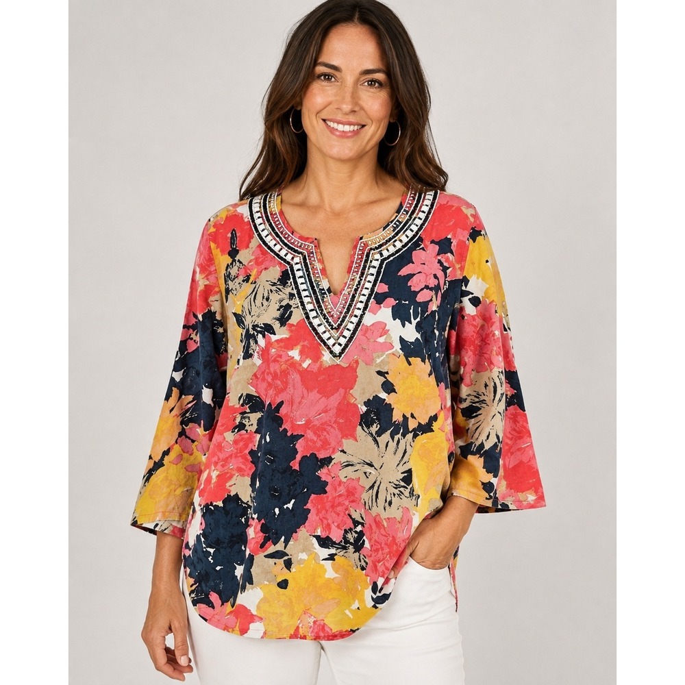 Charter‎ Club Linen Blouse Women Large Floral Beaded Luxury Resort Wear Boho